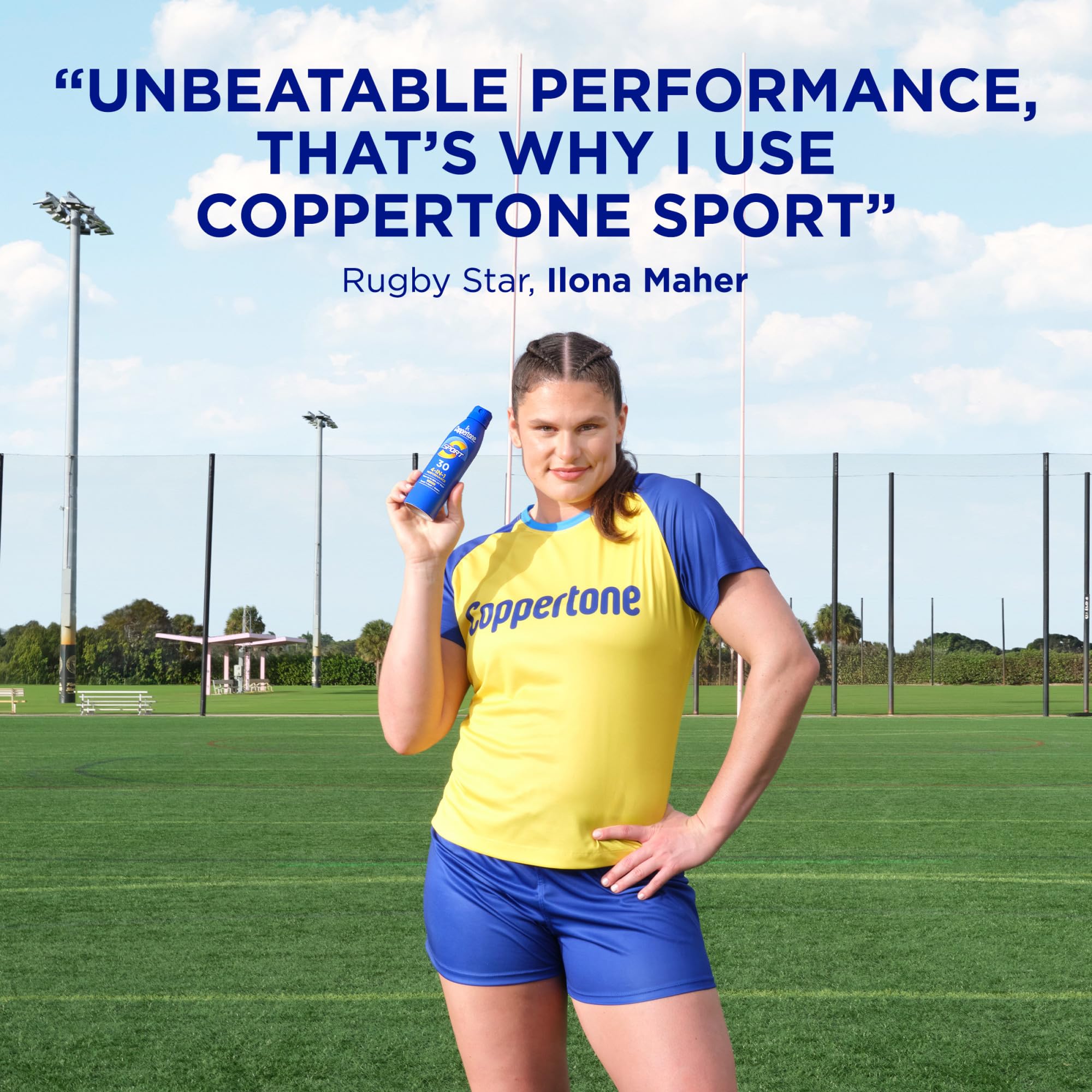 Coppertone Sport SPF 30, spray en angulo para cobertura uniforme.