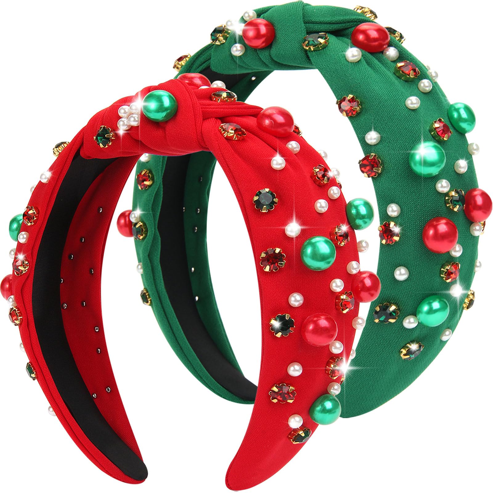 Corabsar diadema navideña con perlas y cristales rojos y verdes, complemento elegante para fiestas.