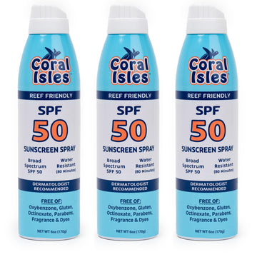 Coral Isles Sunscreen Spray SPF 50, envase spray compacto para uso diario al aire libre