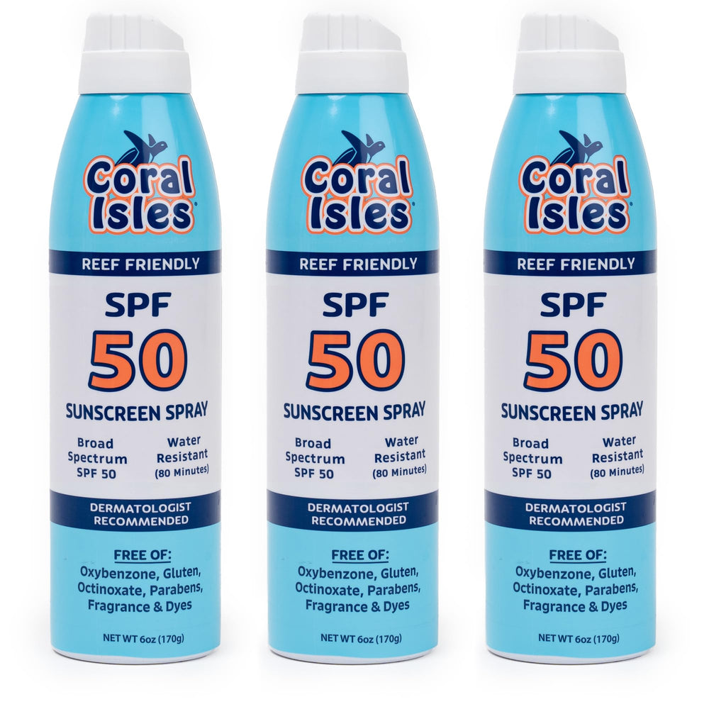 Coral Isles Sunscreen Spray SPF 50, envase spray compacto para uso diario al aire libre