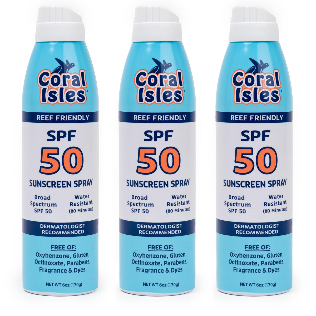 Coral Isles Sunscreen Spray SPF 50, envase spray compacto para uso diario al aire libre