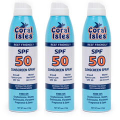 Coral Isles Sunscreen Spray SPF 50, envase spray compacto para uso diario al aire libre