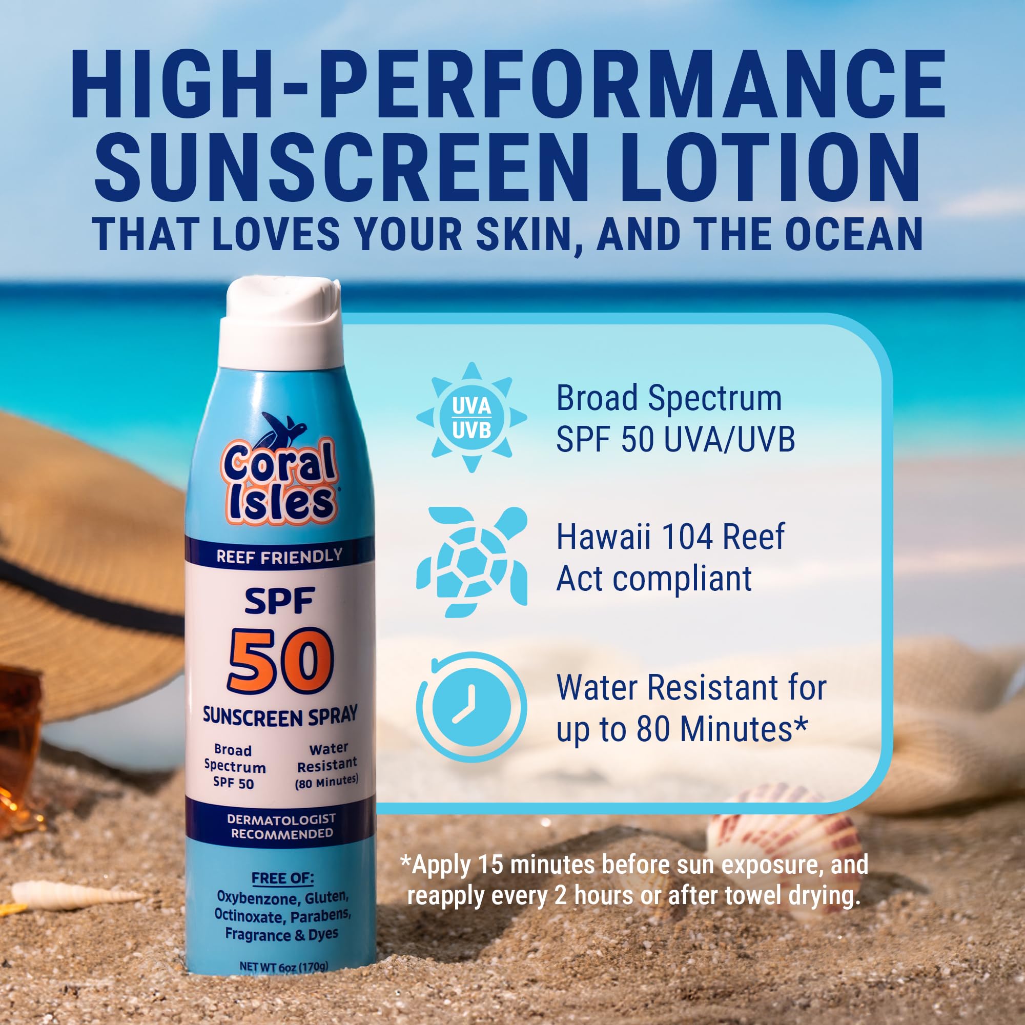 Coral Isles Sunscreen Spray SPF 50, etiqueta clara y confiable para playa