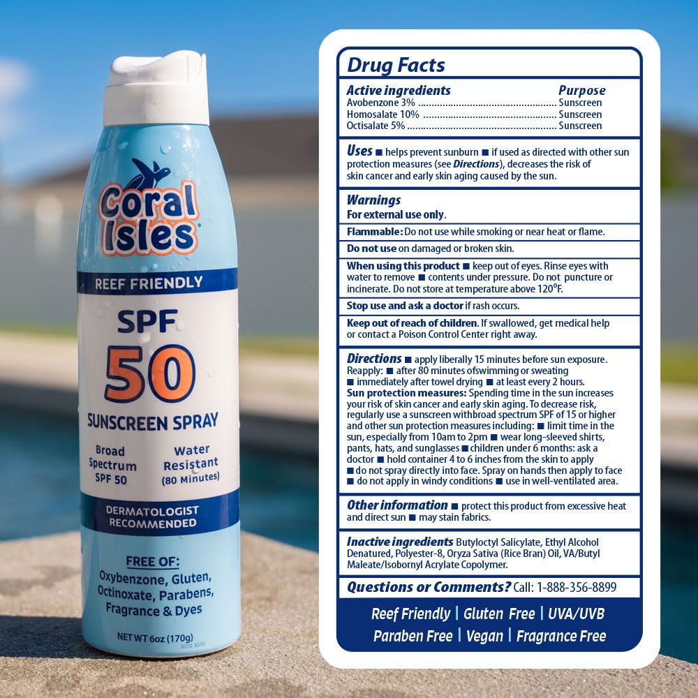 Coral Isles Sunscreen Spray SPF 50, uso en exteriores con protección UVA/UVB