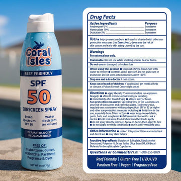 Coral Isles Sunscreen Spray SPF 50, uso en exteriores con protección UVA/UVB
