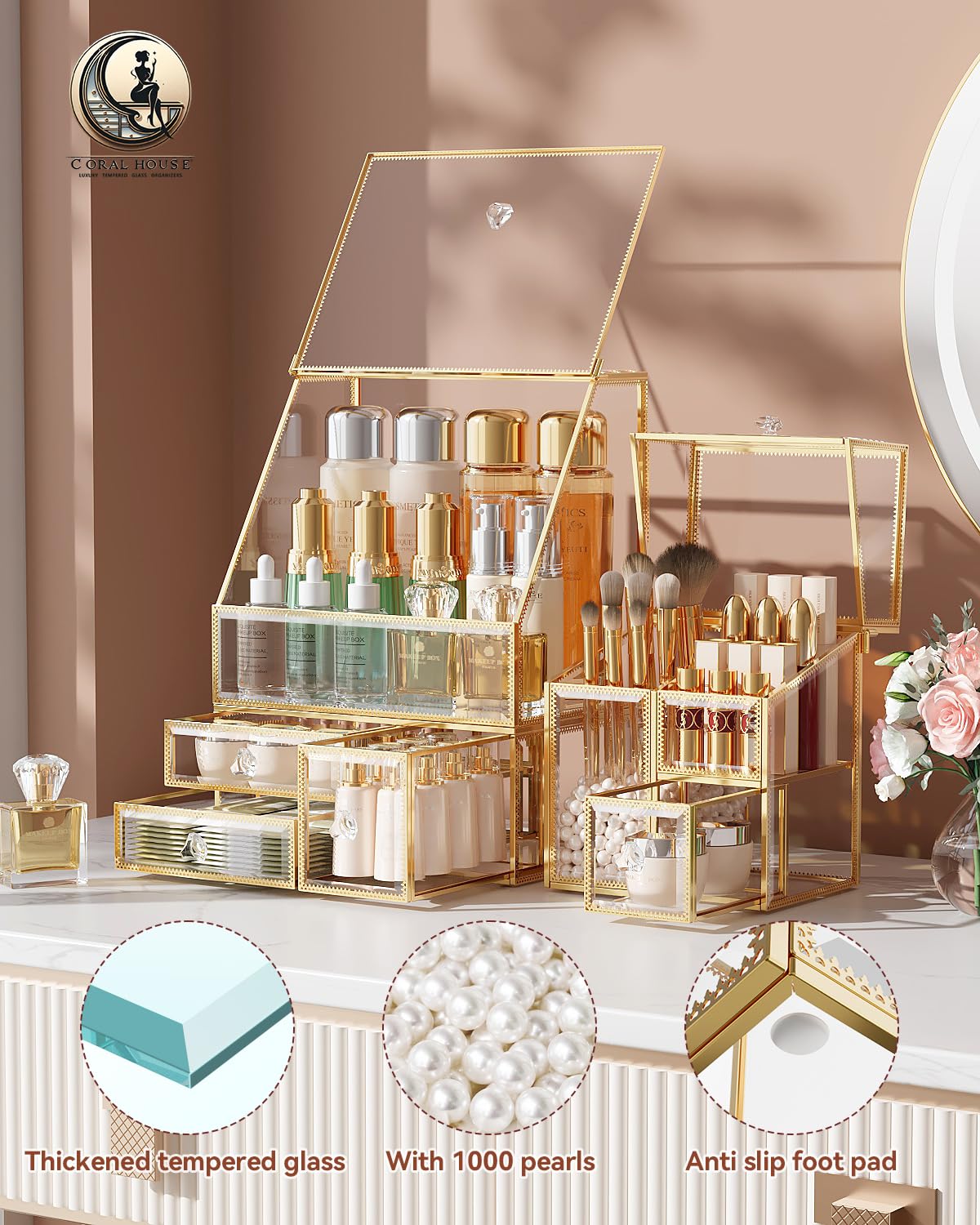 CoralHouse organizador-maquillaje cristal dorado, vista lateral para exhibir almacenamiento visible