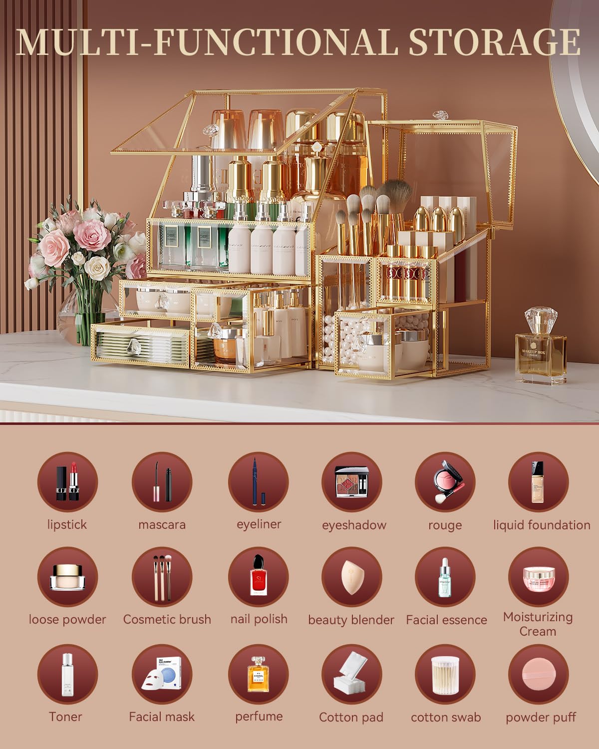 CoralHouse organizador-maquillaje con secciones múltiples para labios, brochas y perfumes