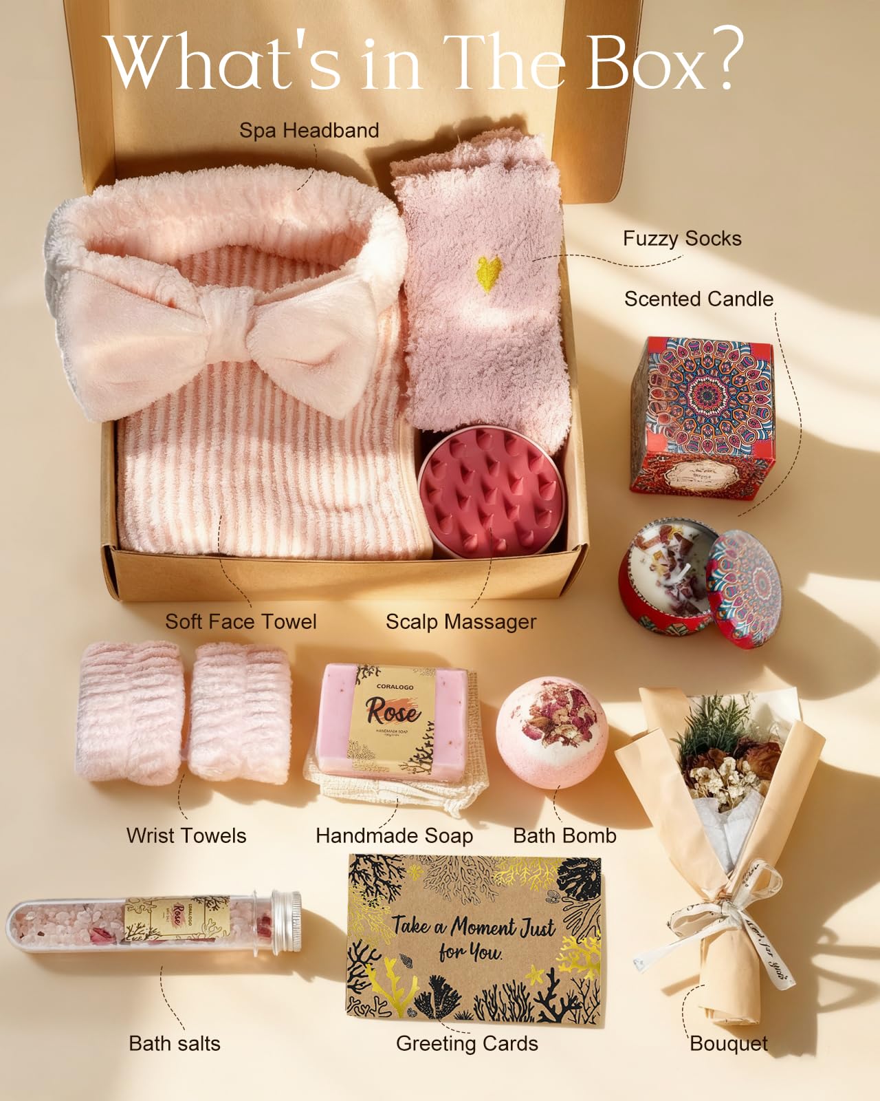 Coralogo Rose Spa Basket showing soothing bath salts for peaceful relaxation.