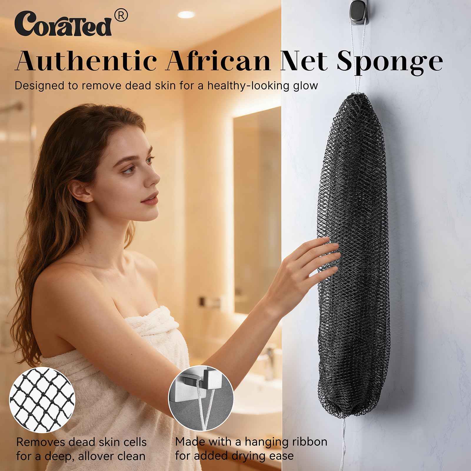 CORATED esponja de red africana con diseno elastico para cubrir la espalda facilmente.