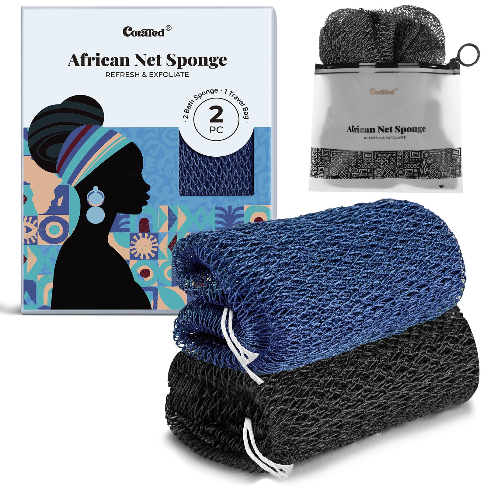 CORATED esponja de red africana azul y negro para exfoliar suavemente la piel.