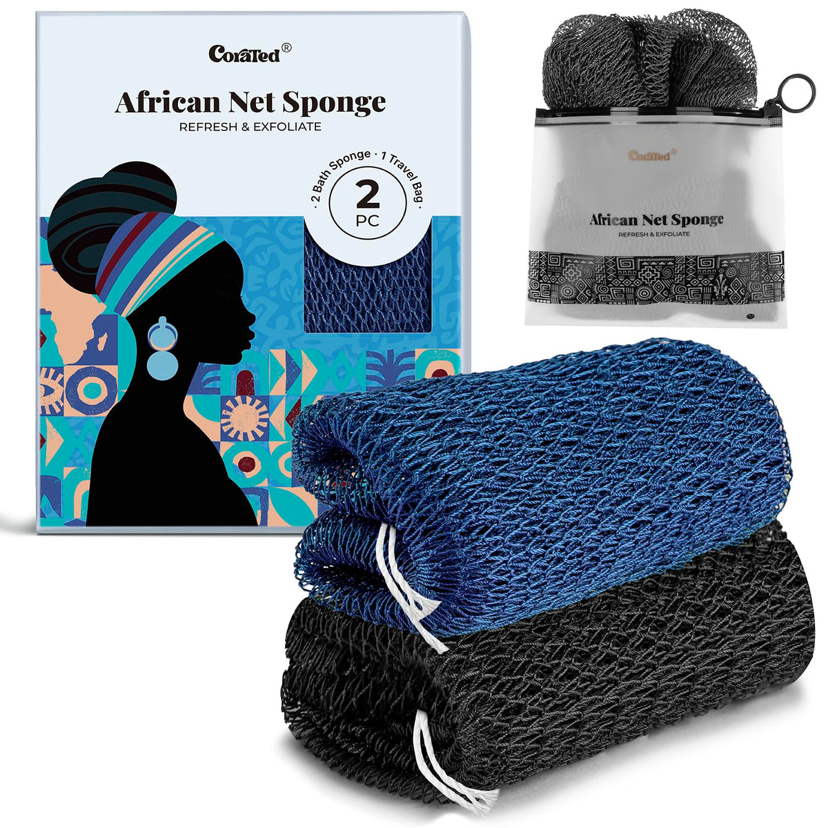CORATED esponja de red africana azul y negro para exfoliar suavemente la piel.