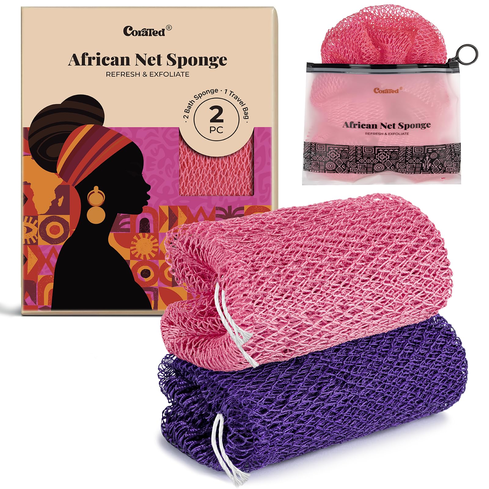 CORATED esponja de red africana para ducha, exfolia y limpia suavemente.