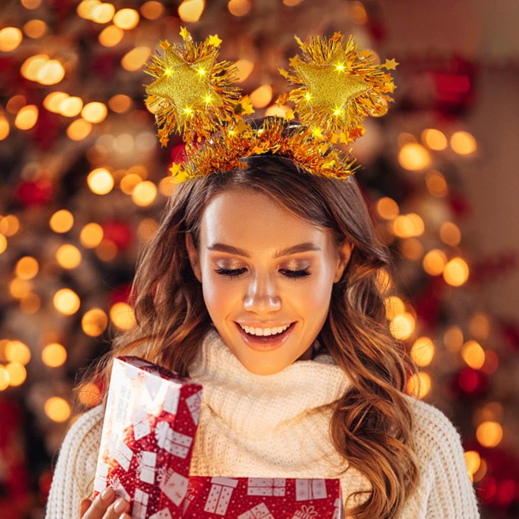 Coridy diadema con luces para fiestas con brillo dorado.