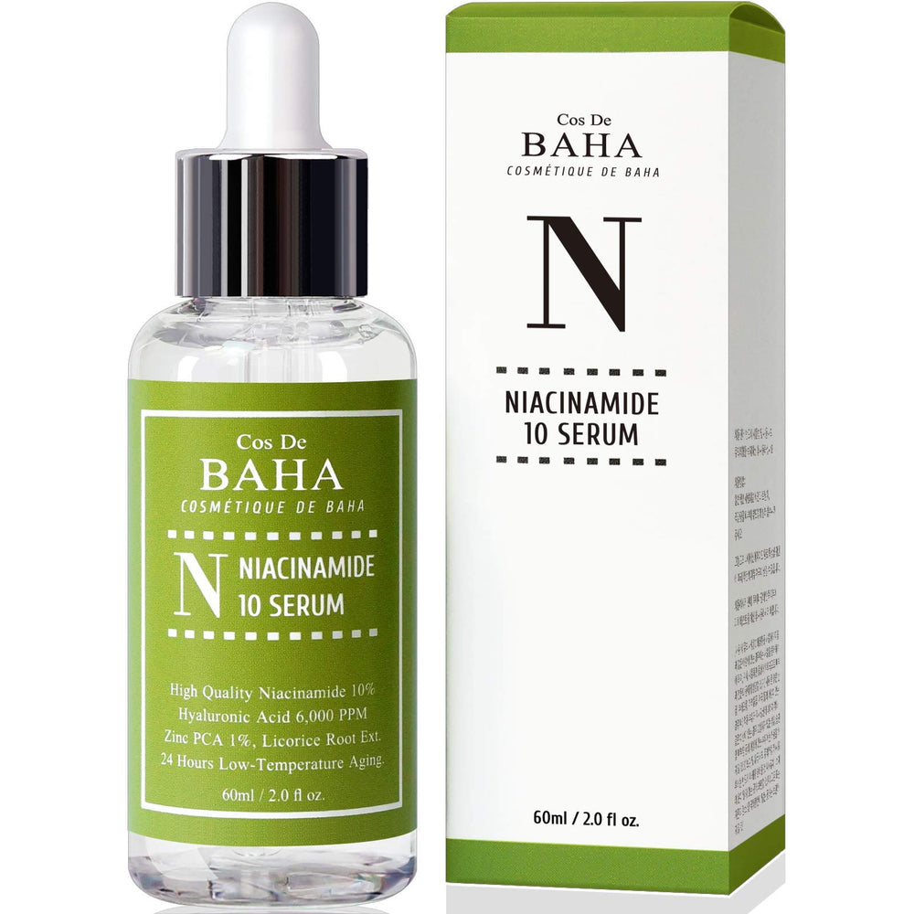 Cos De BAHA Niacinamida 10% Serum, botella lista para uso diario y equilibrio de brillo.