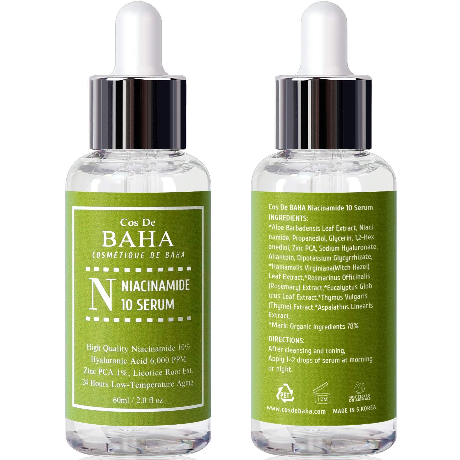 Cos De BAHA Niacinamida 10% Serum, calma suave con alantoína y glicirrato dipotásico.