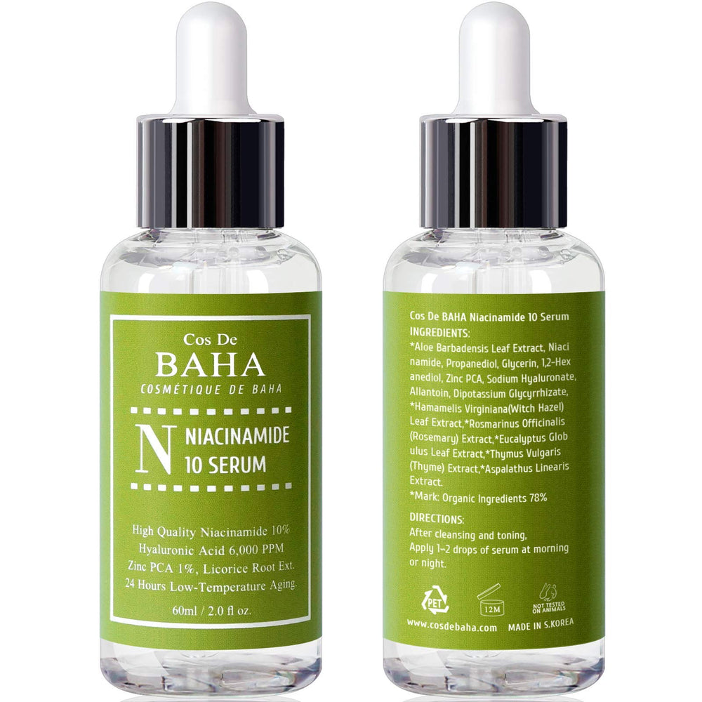 Cos De BAHA Niacinamida 10% Serum, calma suave con alantoína y glicirrato dipotásico.