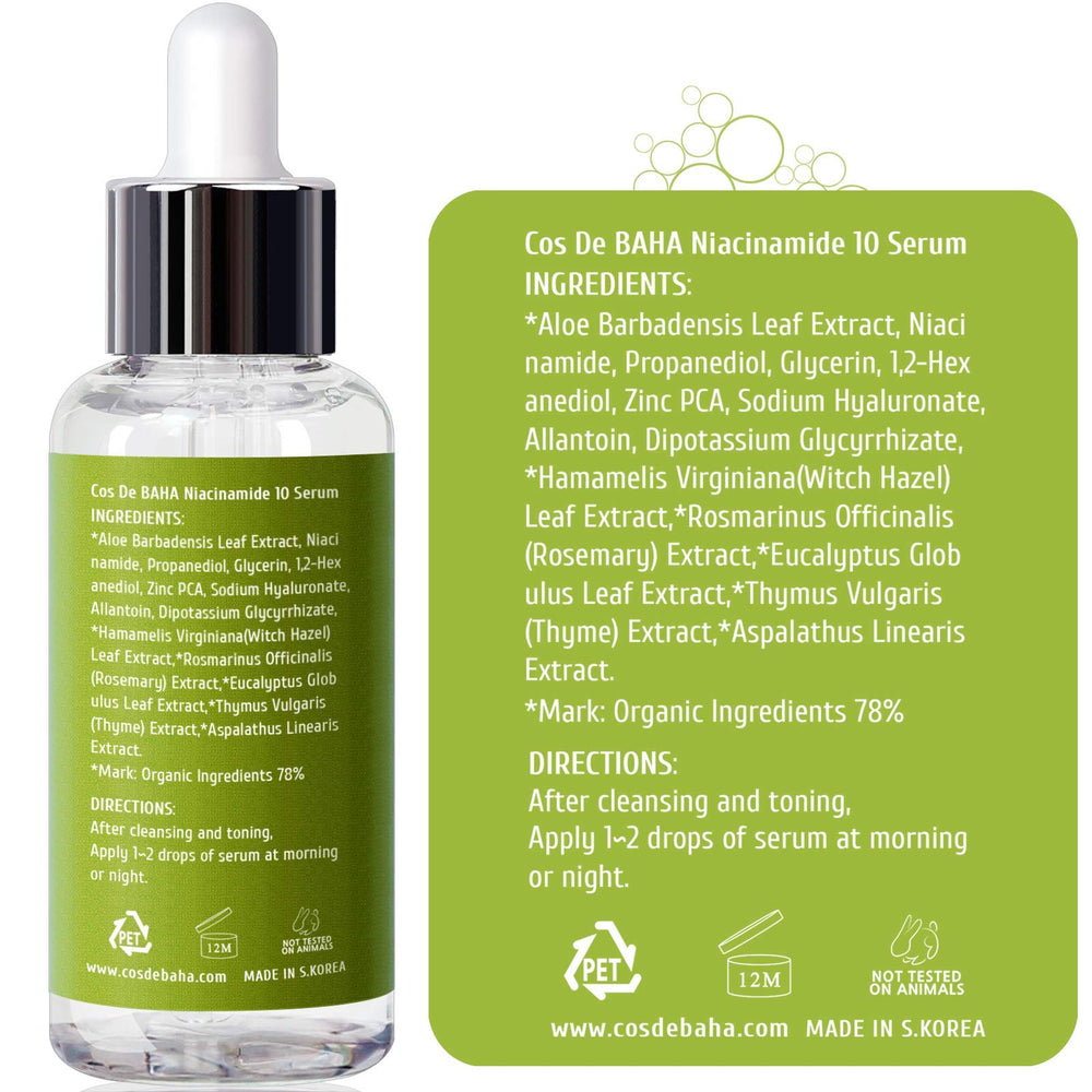 Cos De BAHA Niacinamida 10% Serum, hidratación suave gracias a aloe y ácido hialurónico.
