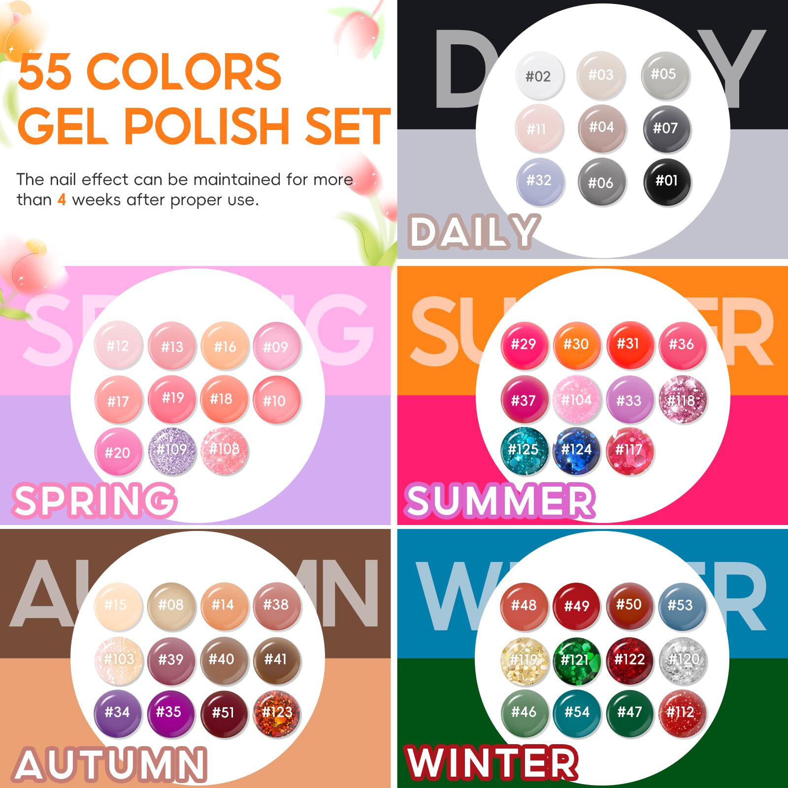 Coscelia colección 55 colores gel, opciones para uñas de todas las estaciones.