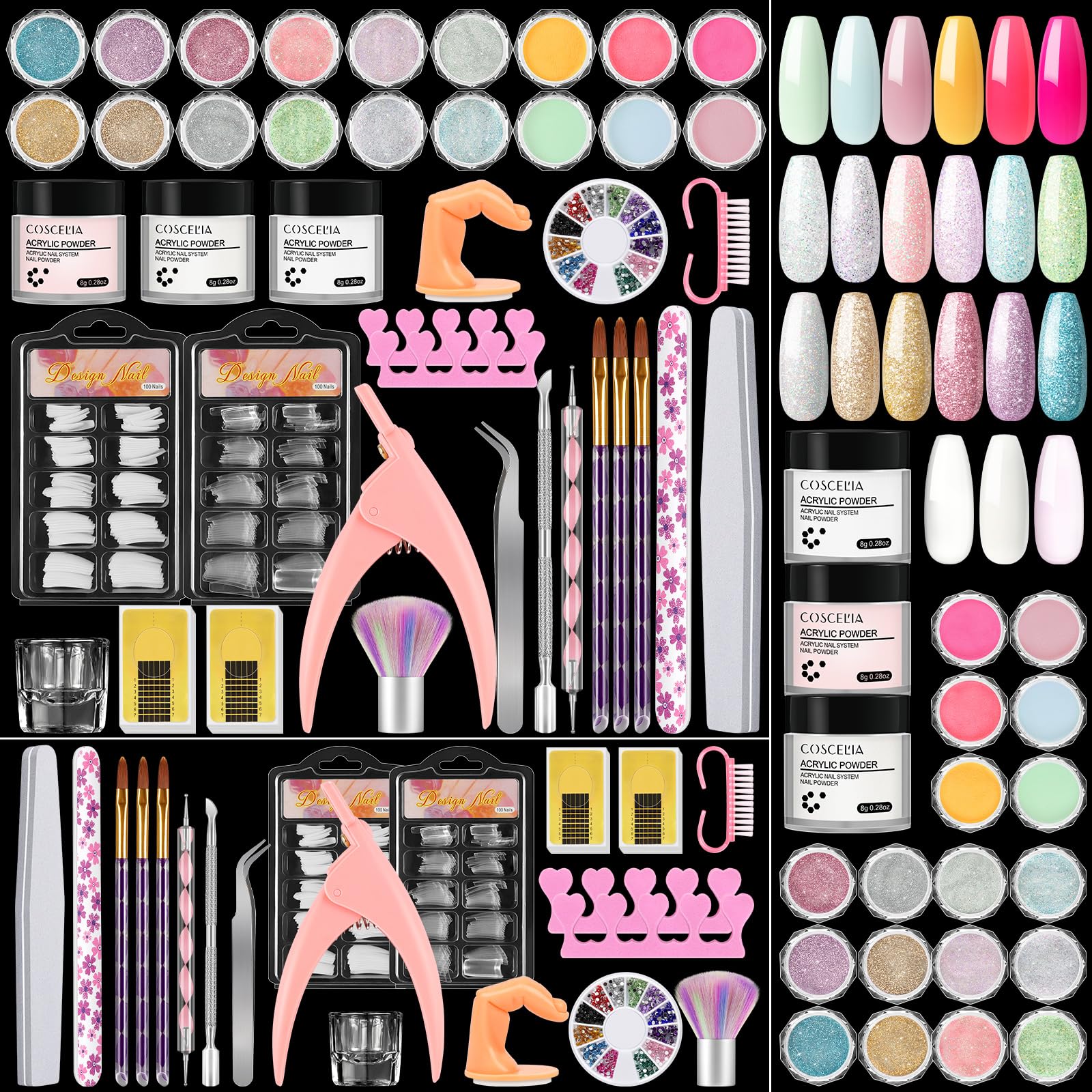 COSCELIA kit de uñas acrílicas para principiantes, set completo para uso doméstico.
