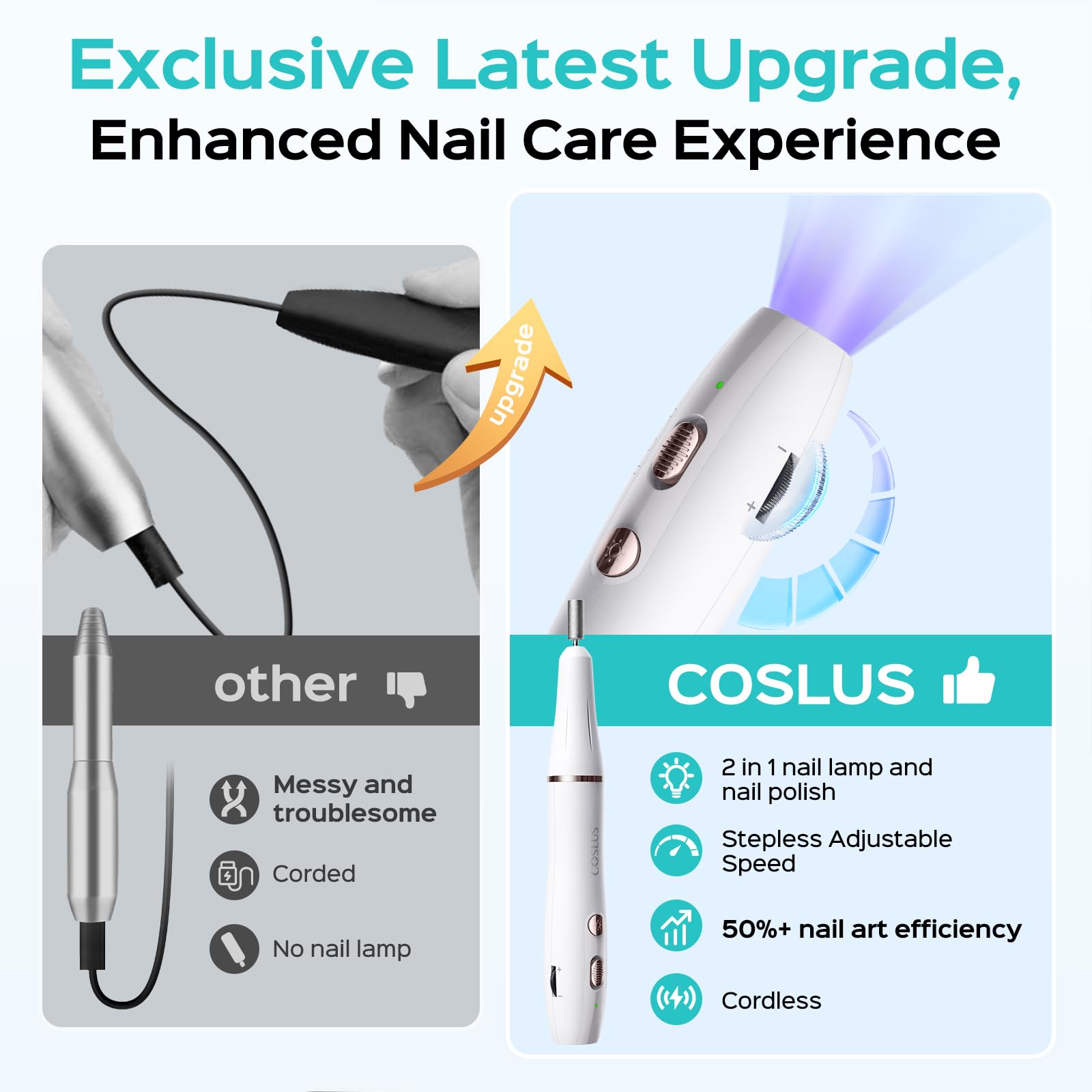 COSLUS control de velocidad sin pasos: ajuste suave para uñas naturales y artificiales.