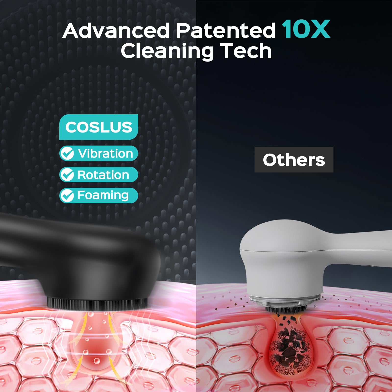 COSLUS brosse-visage étanche IPX7: usage sous douche sûr