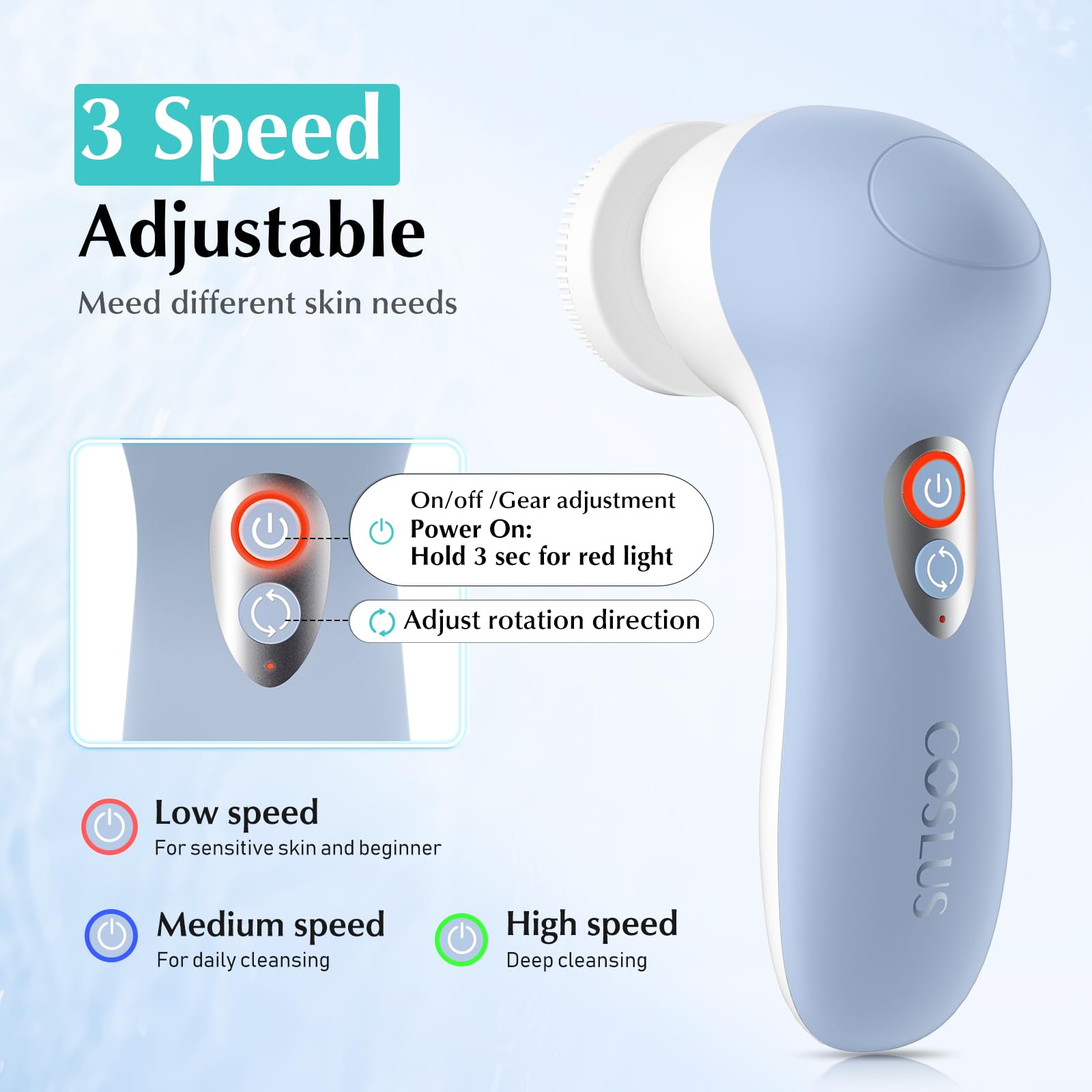 Coslus rotación bidireccional para una limpieza profunda sin irritación.