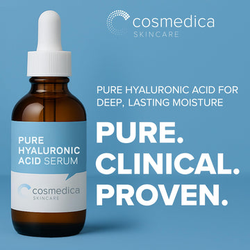 Cosmedica Skincare Hyaluronic Acid Serum bottle closeup showing clean formula.