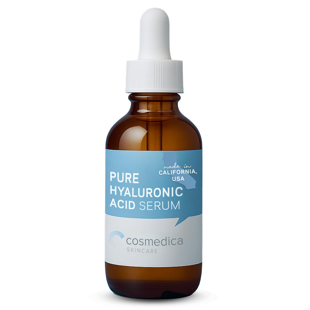 Cosmedica Skincare Hyaluronic Acid Serum bottle pour for smooth hydration.