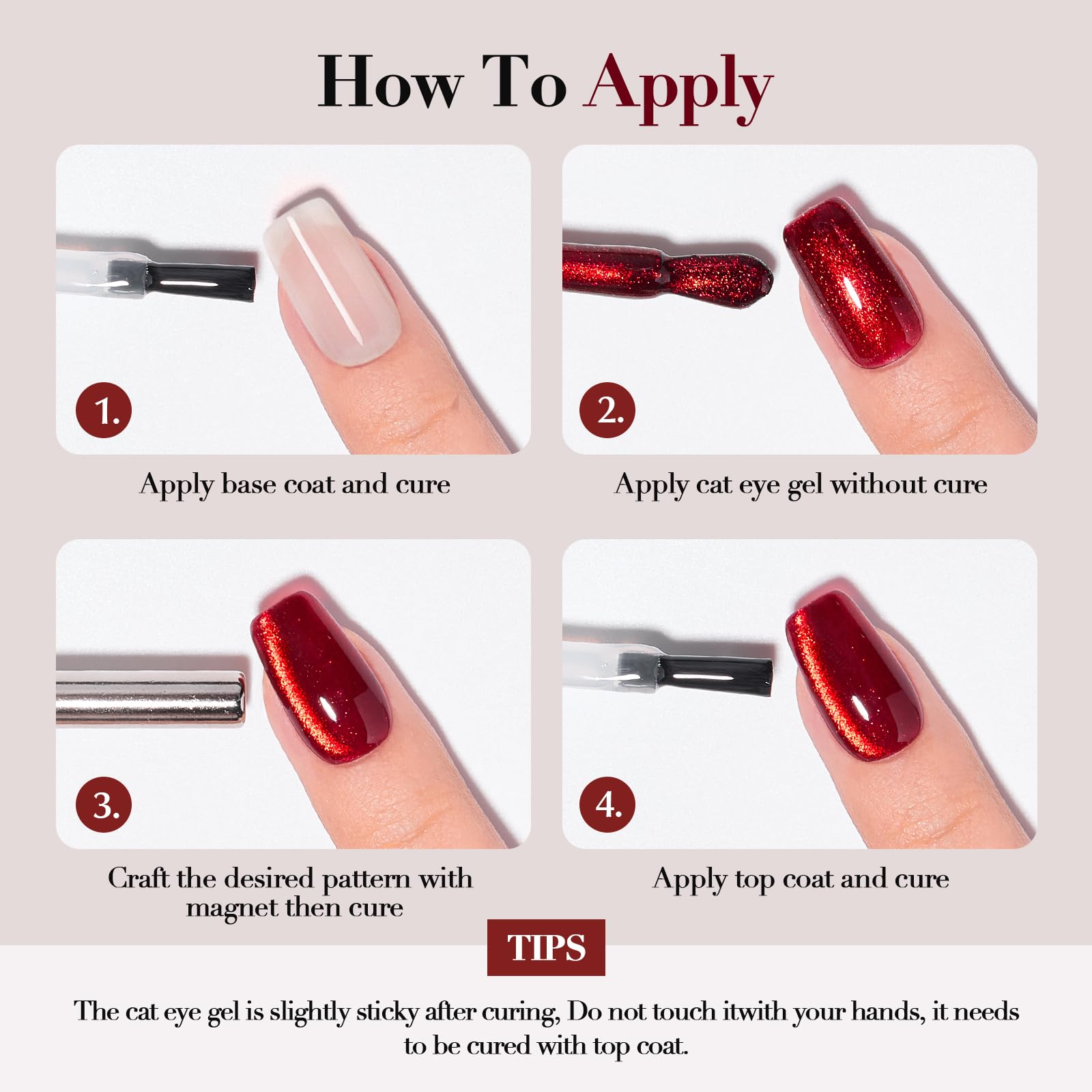 COSMOO esmalte gel ojo de gato rojo vino, cuidados para una aplicación segura.