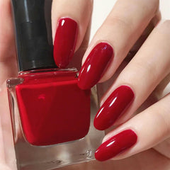 COSMOO Esmalte rojo, botella vista frontal, secado rápido para uñas brillantes.