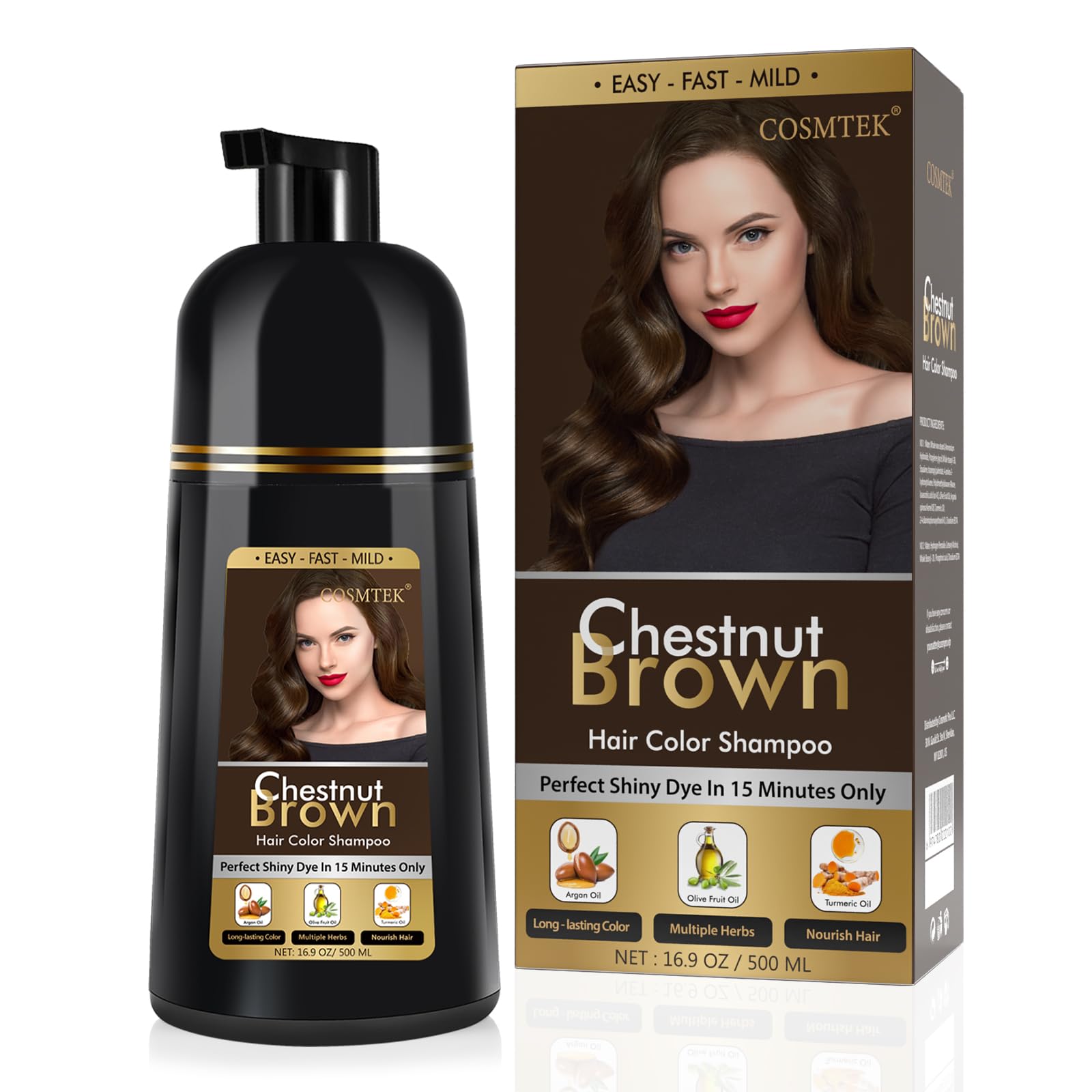 COSMTEK Champú Tinte Castaño Marrón botella muestra fórmula sin conservantes para cabello suave