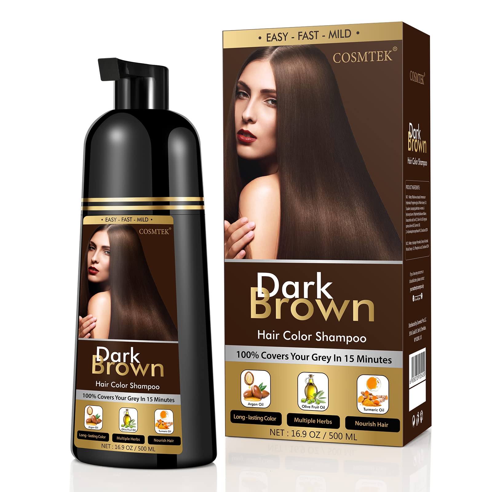 COSMTEK dark brown hair dye shampoo bottle for quick color coverage