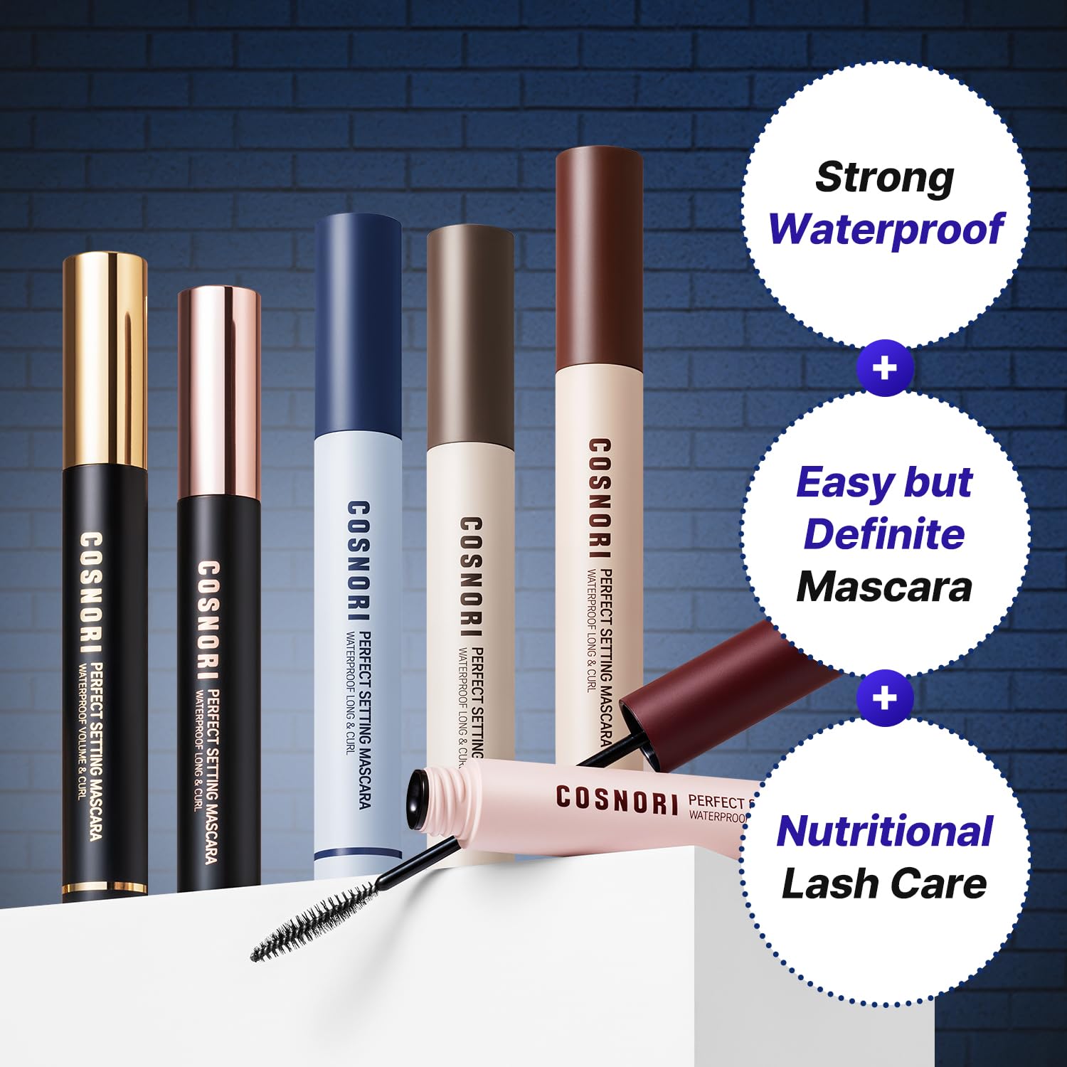 Slim C-Curl brush detail enables precise coating on each lash with COSNORI mascara