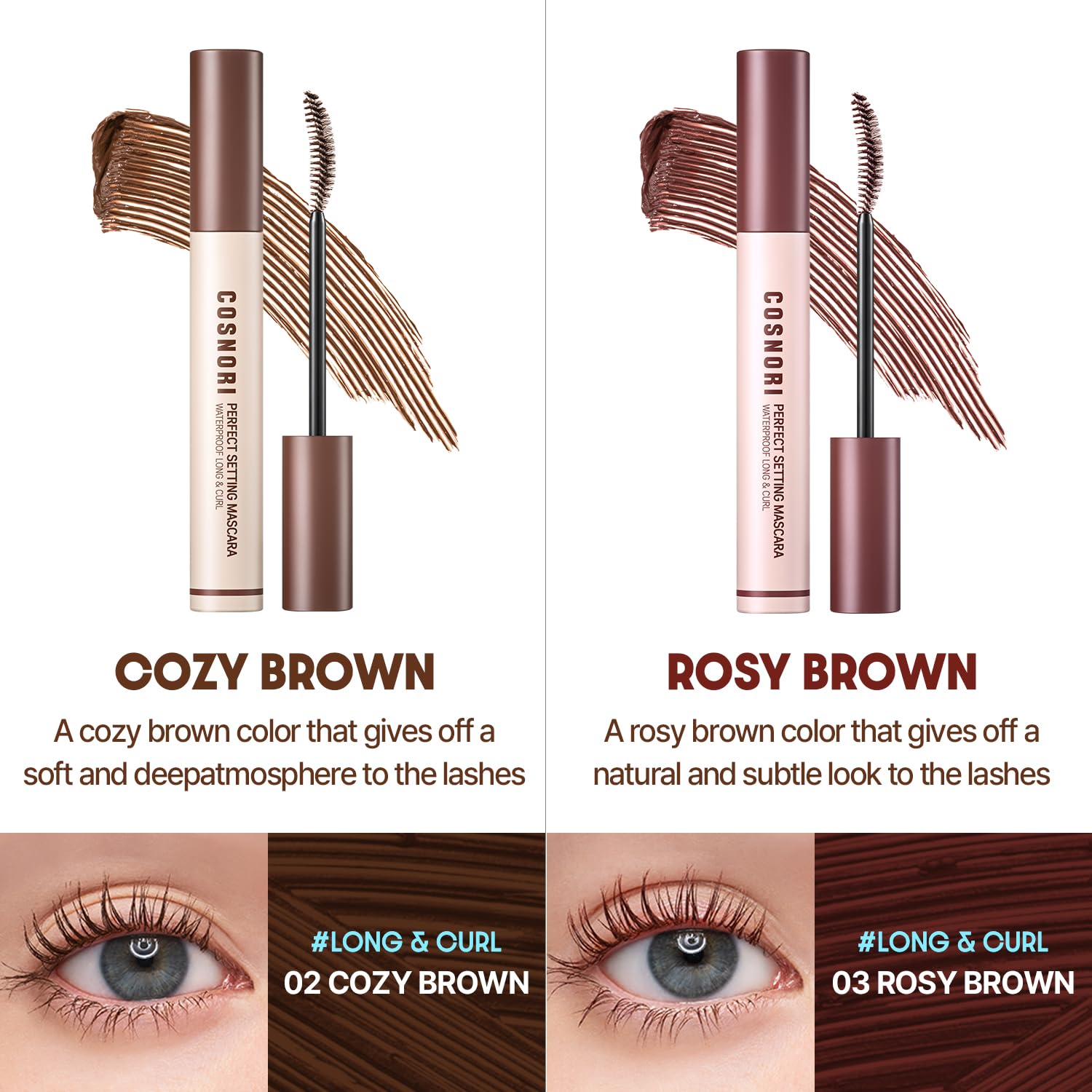 COSNORI mascara wearing test showing smudge-free finish through light moisture