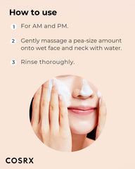 COSRX AC Collection Calming Foam Cleanser, ingredientes clave: salicílico y Centella para cuidado de la piel.