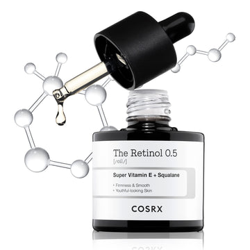 COSRX Aceite de retinoide 0.5% en botella, textura ligera para uso nocturno.