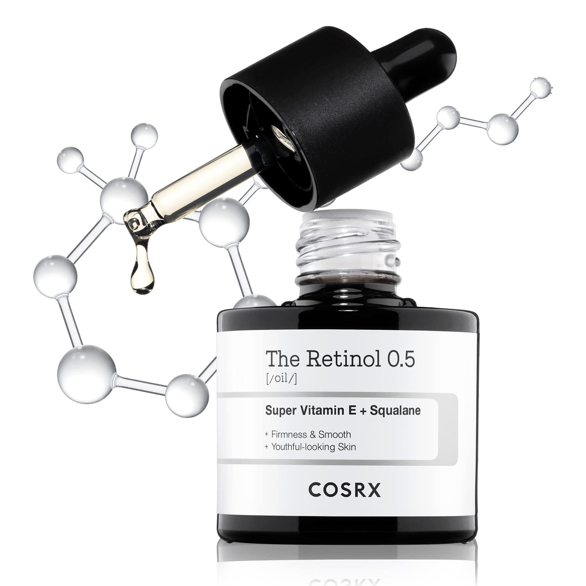 COSRX Aceite de retinoide 0.5% en botella, textura ligera para uso nocturno.