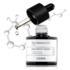 COSRX Aceite de retinoide 0.5% en botella, textura ligera para uso nocturno.