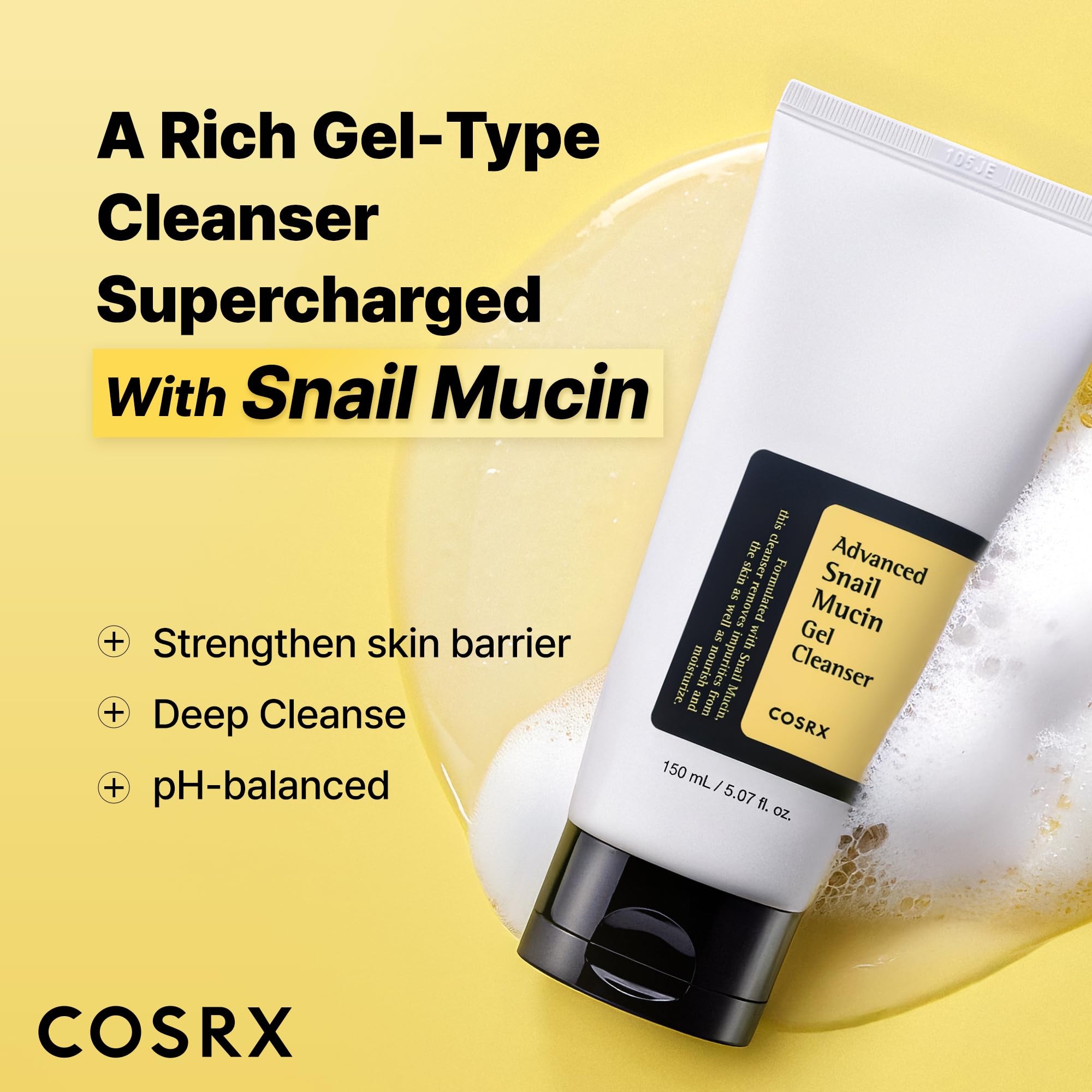 COSRX Advanced Snail Mucin Gel Cleanser con espuma suave para uso diario.