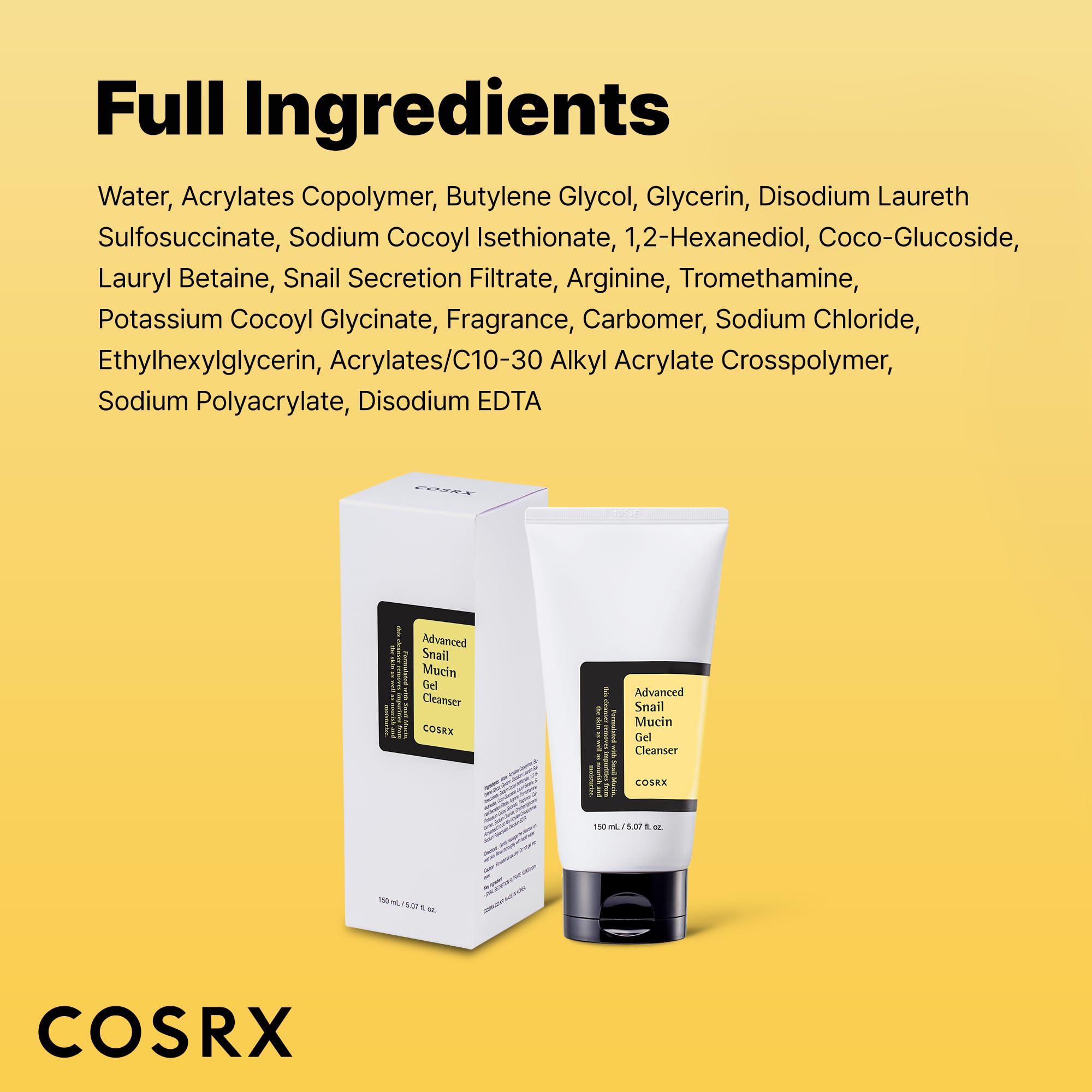 COSRX Advanced Snail Mucin Gel Cleanser en botella, perfecto para rutina diaria.