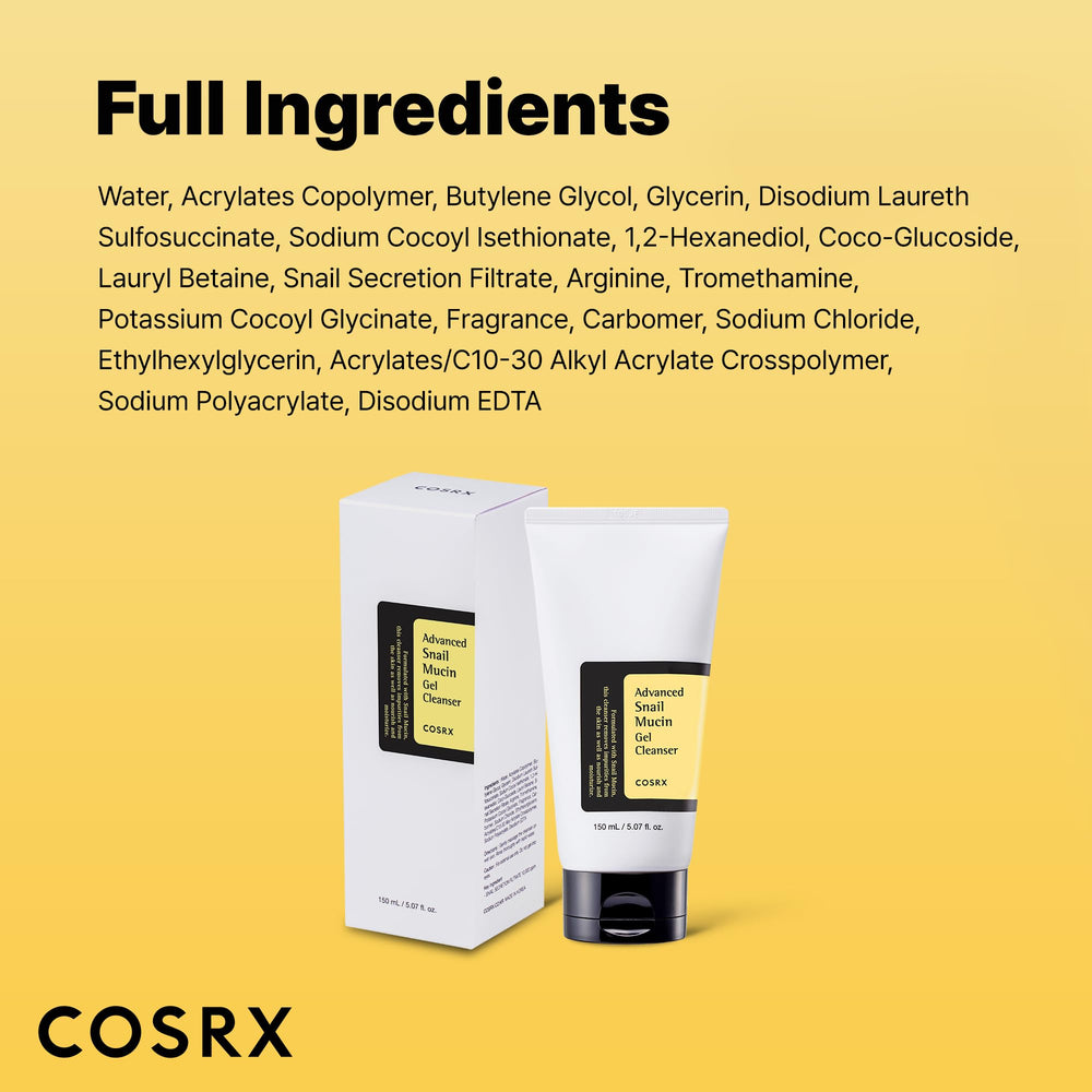 COSRX Advanced Snail Mucin Gel Cleanser en botella, perfecto para rutina diaria.