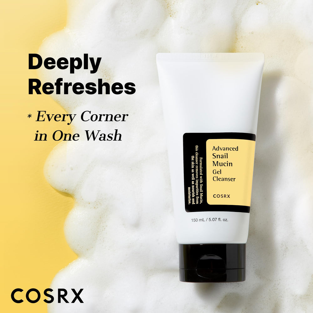 COSRX Advanced Snail Mucin Gel Cleanser rostro limpio e hidratado.