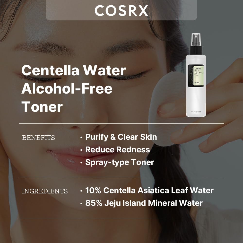 COSRX Alcohol-Free Cica Toner, spray para rostro, aplicación rápida y ligera.