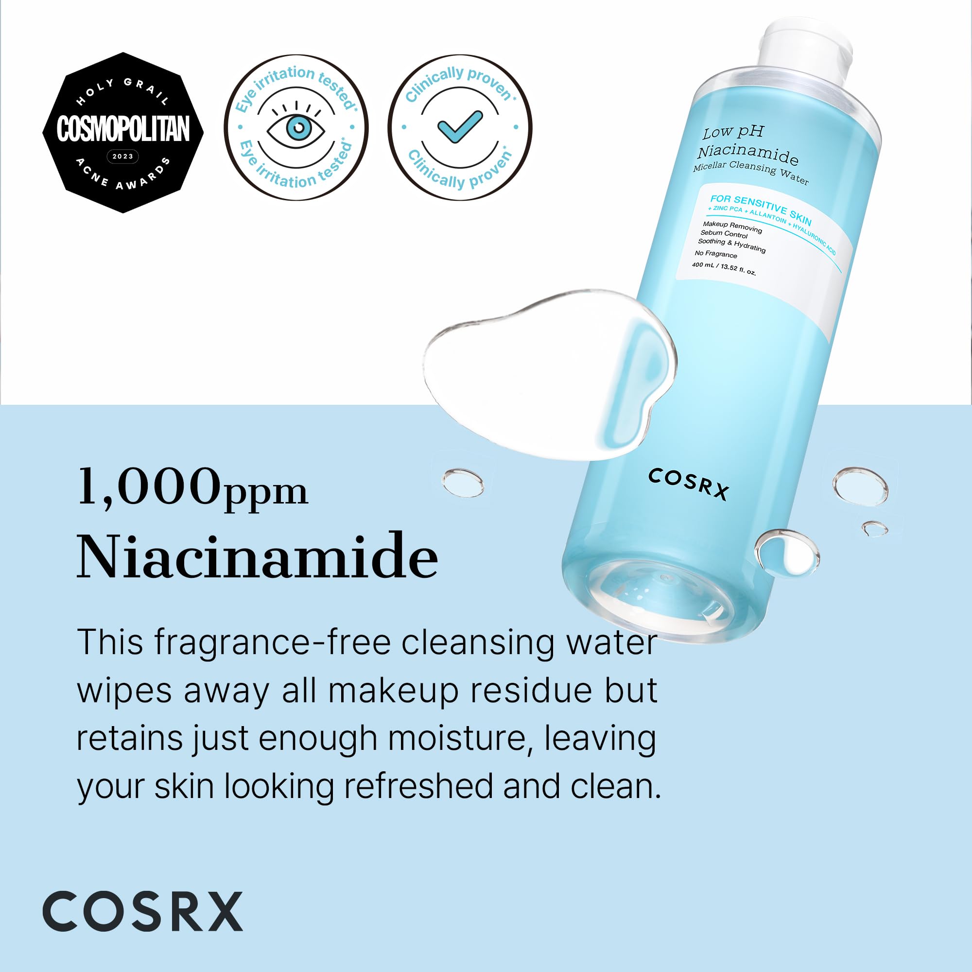 COSRX Niacinamida Micelar con discos de algodón para retirar maquillaje con suavidad.