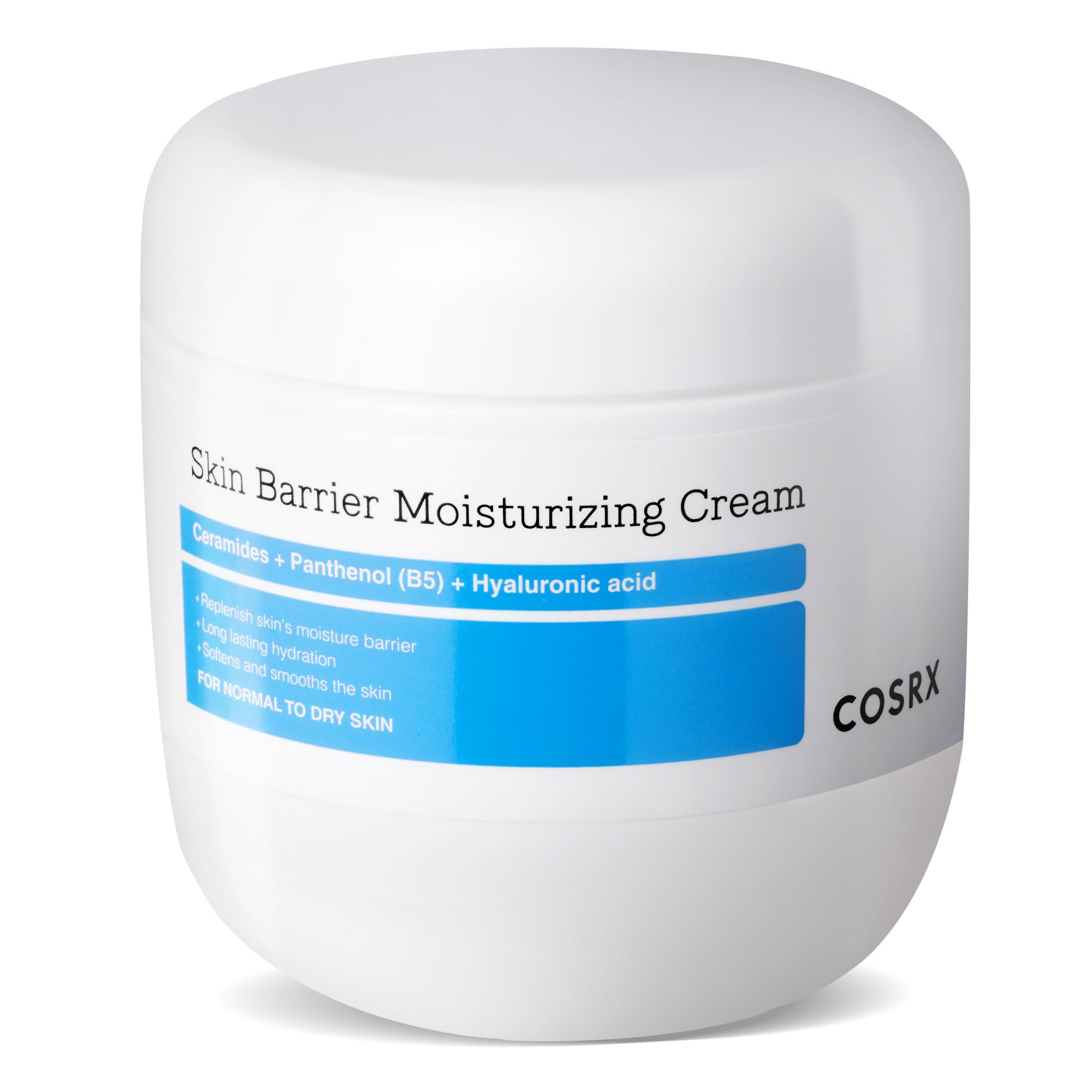 COSRX Barrier Moisturizing Cream bottle close-up showing ceramide hydration for dry skin.