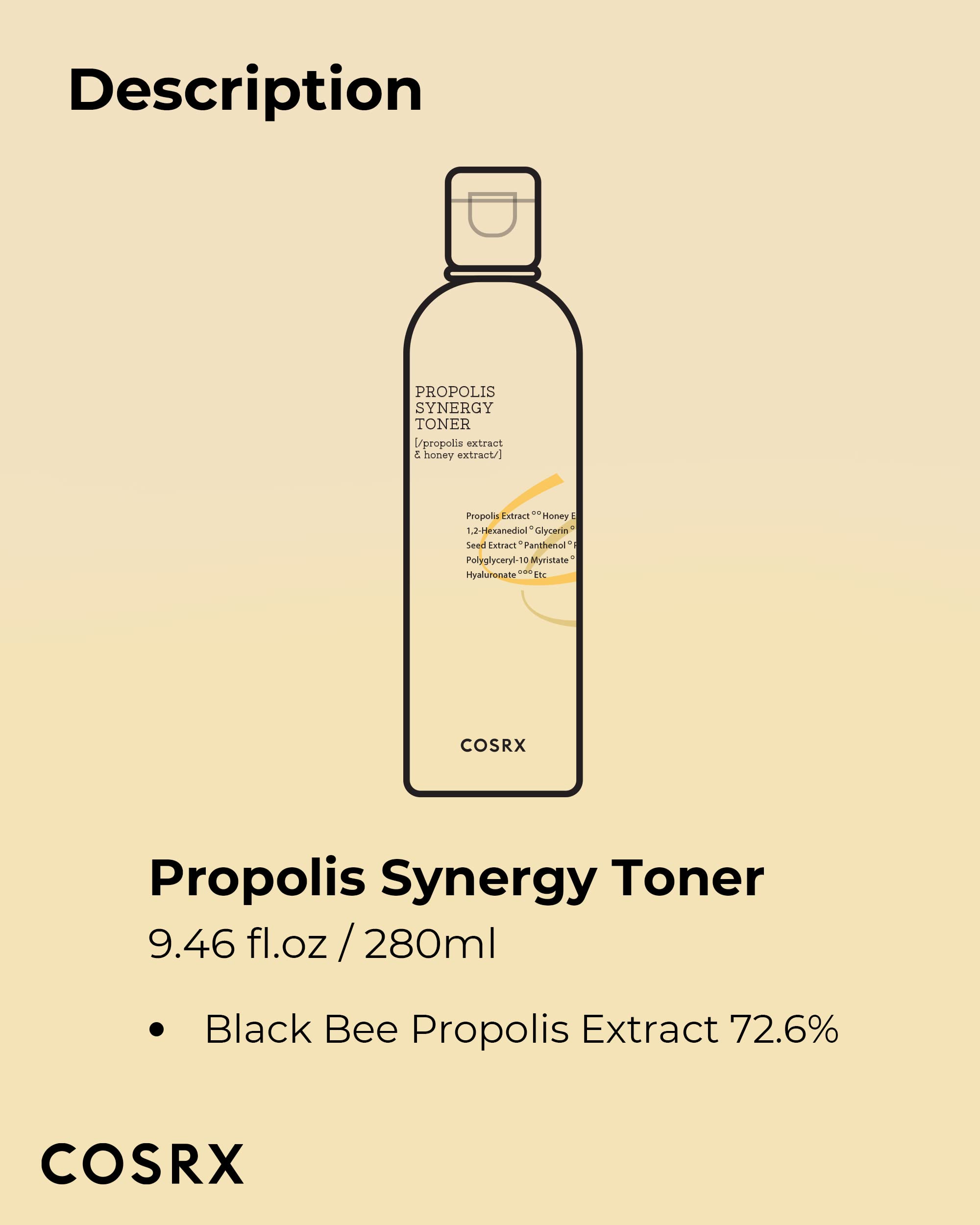 COSRX Etiqueta Propolis Toner: presencia de propóleos y miel para experiencia calmante.