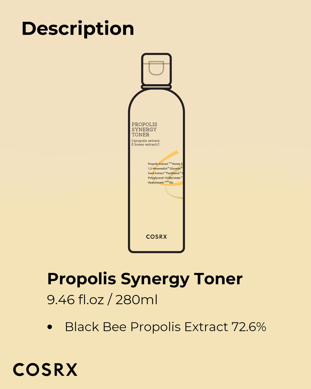 COSRX Etiqueta Propolis Toner: presencia de propóleos y miel para experiencia calmante.