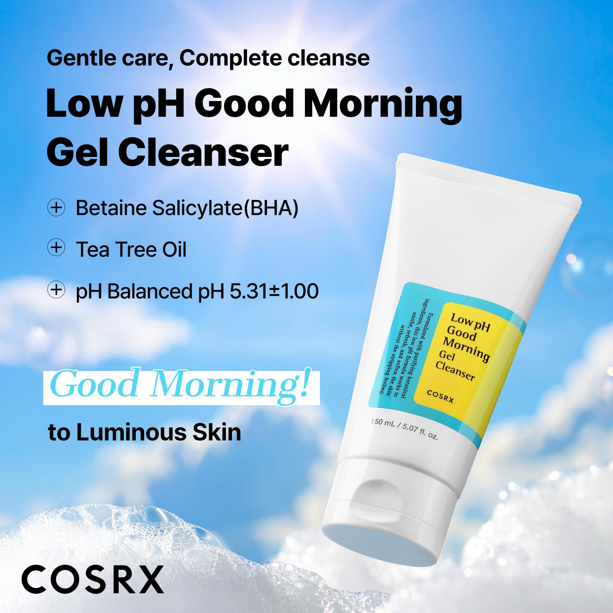 COSRX gel limpiador, textura ligera, ideal para despertar la piel.