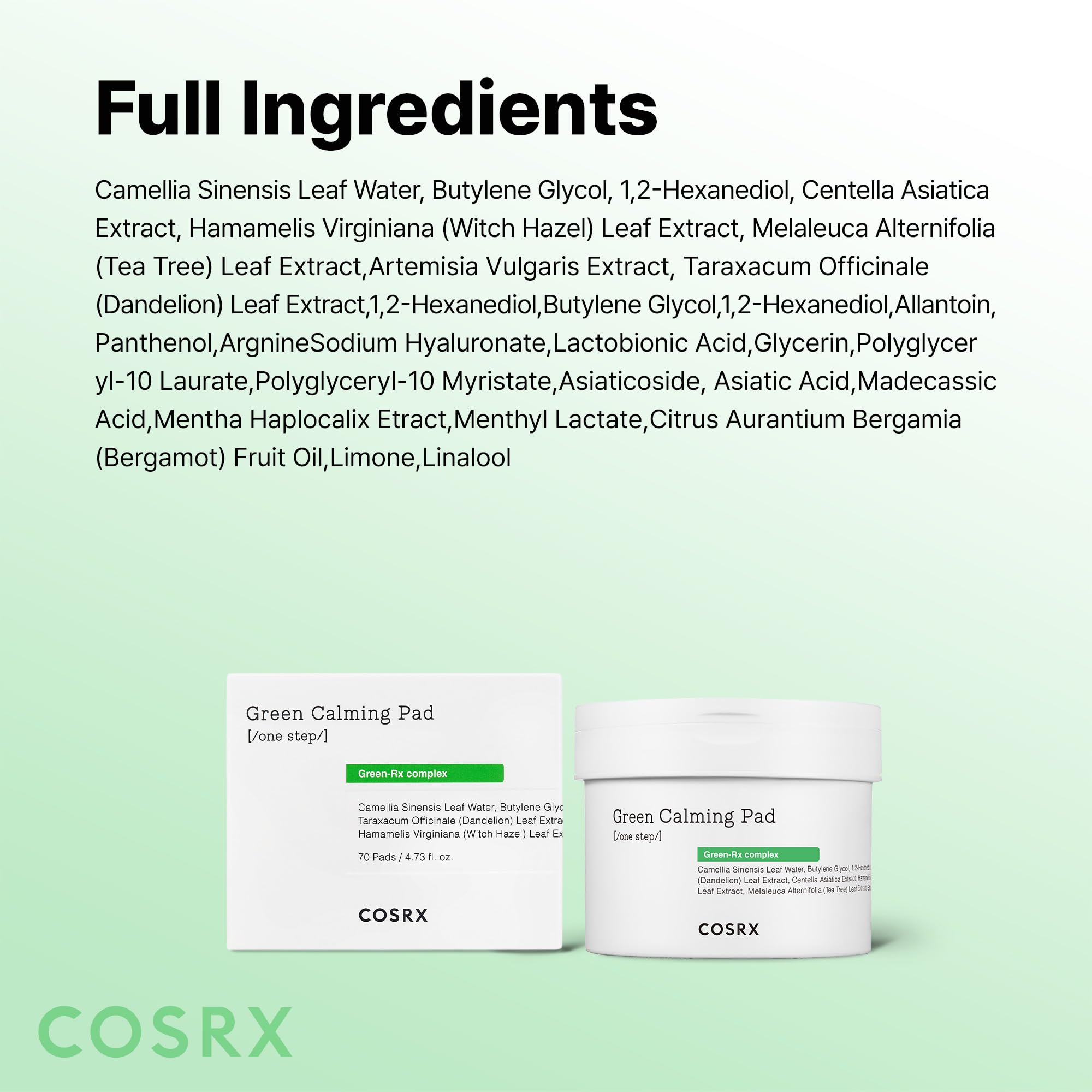 COSRX Almohadillas Calmantes Verdes: sin sulfatos, sin parabenos y sin crueldad.