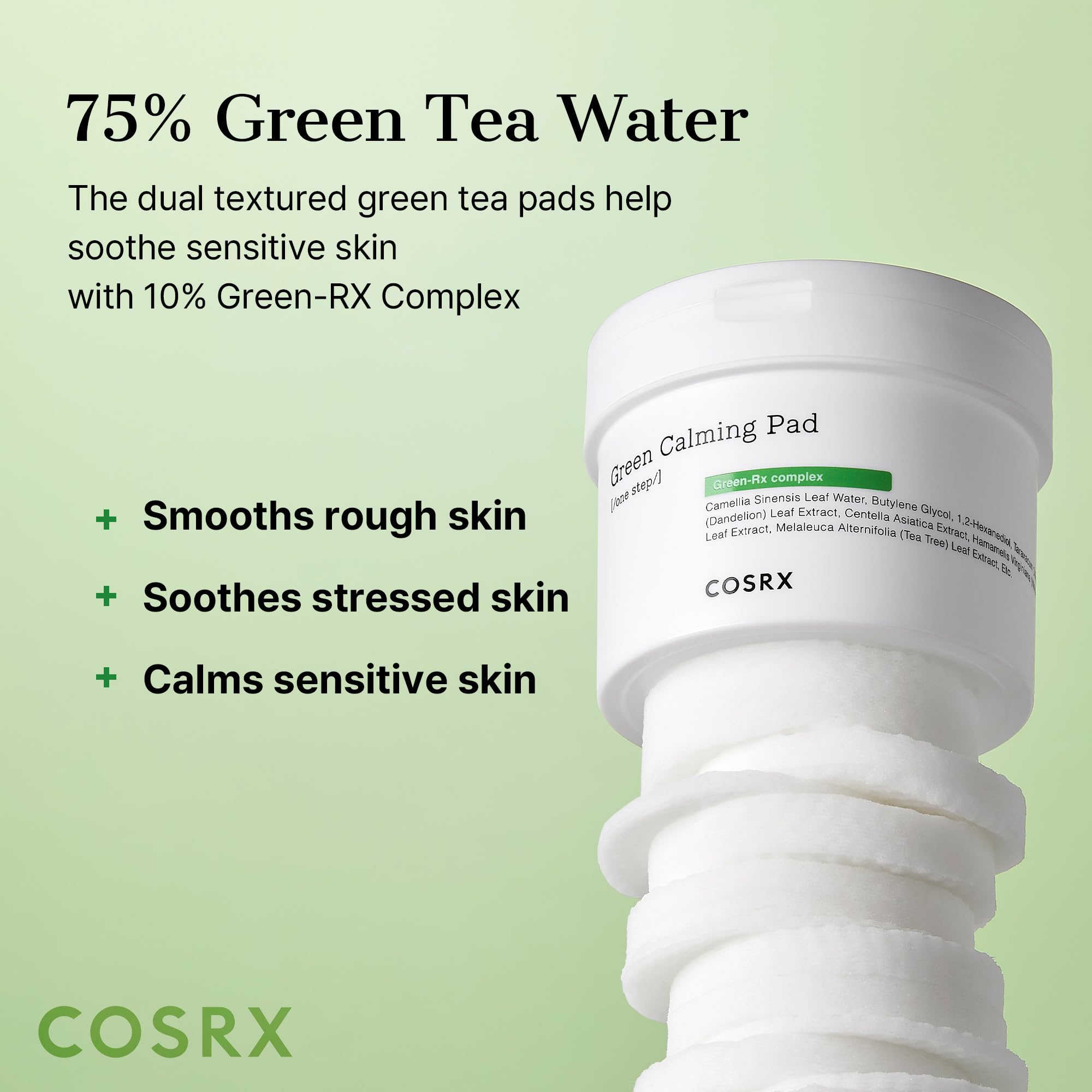 COSRX Almohadillas Calmantes Verdes: exfoliación suave con 0.25% PHA para piel sensible.